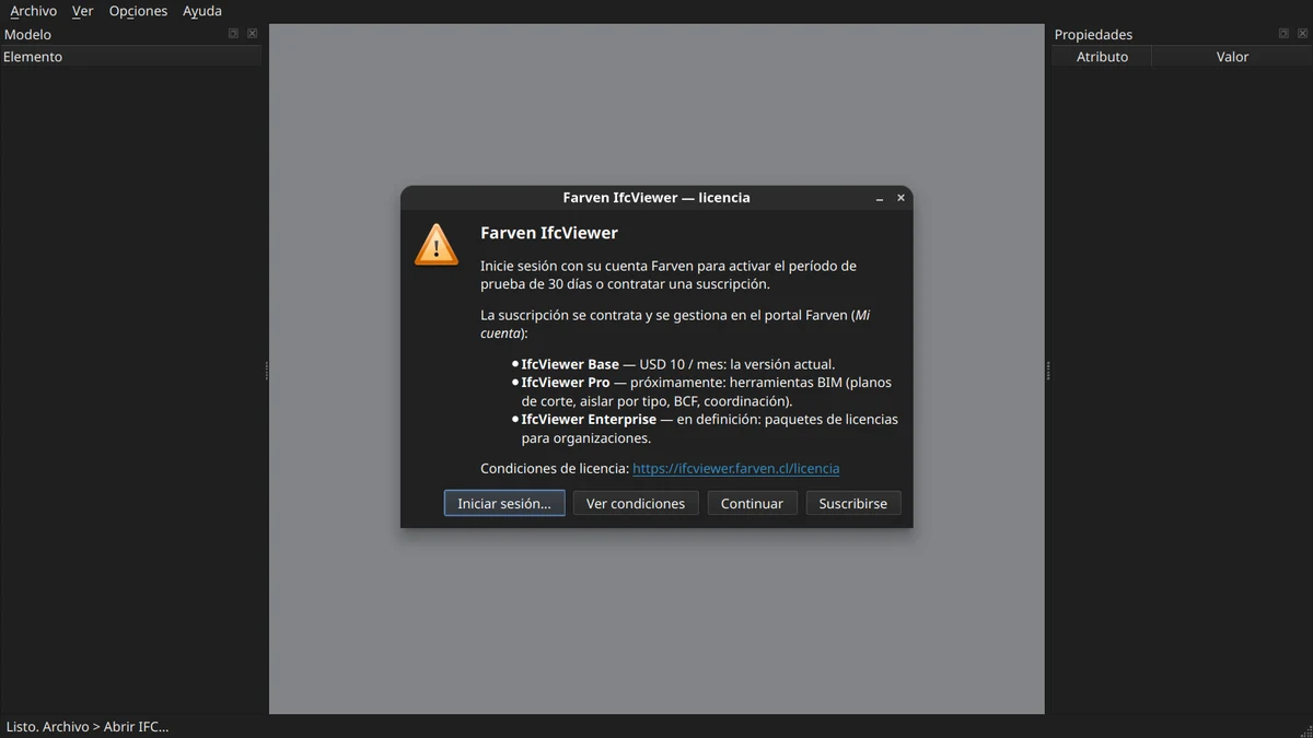 Aviso de licencia de Farven IfcViewer al iniciar, con los planes Base y Pro y el período de demostración