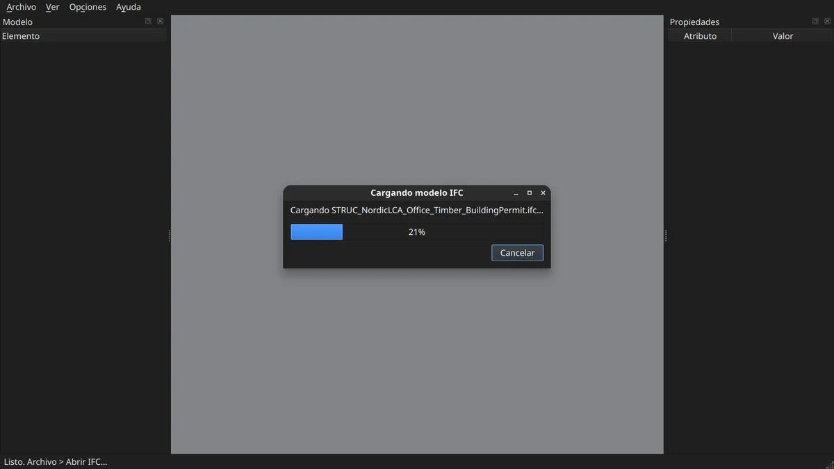 Barra de progreso de Farven IfcViewer mientras se carga un modelo IFC
