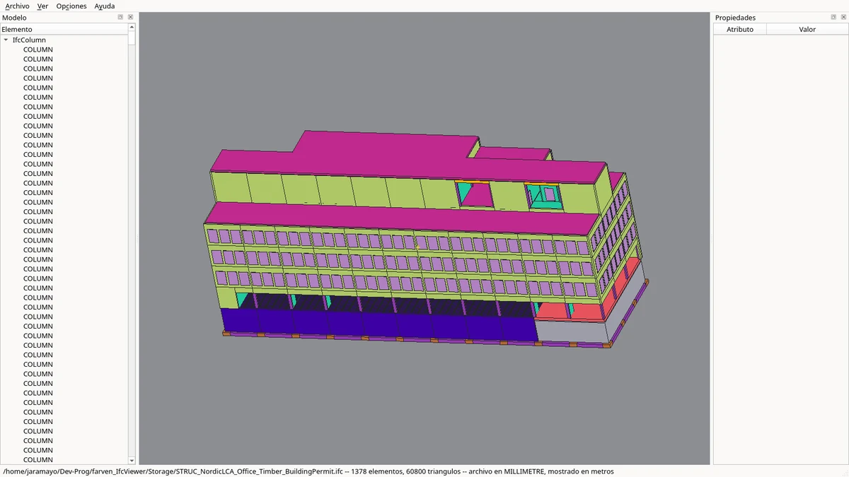 Farven IfcViewer con un modelo IFC4 abierto: árbol de modelo a la izquierda, viewport 3D al centro y panel de propiedades a la derecha